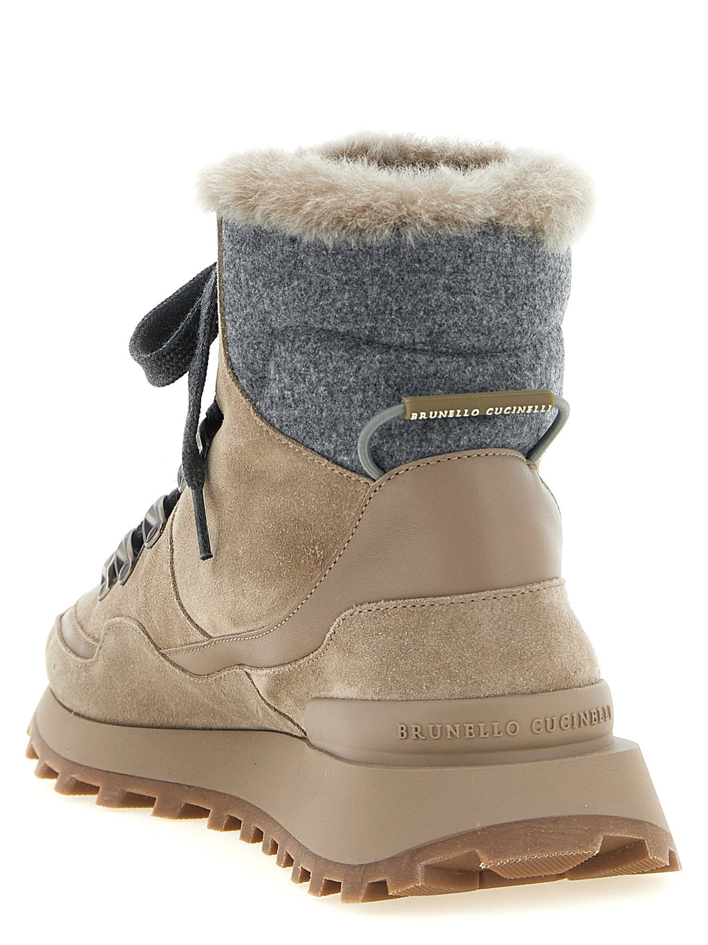 Brunello Cucinelli Beige Suede Ankle Boots – Lace-Up, Grey Felt Collar, Dark Metal D-Ring, Rubber Tank Sole, Italian