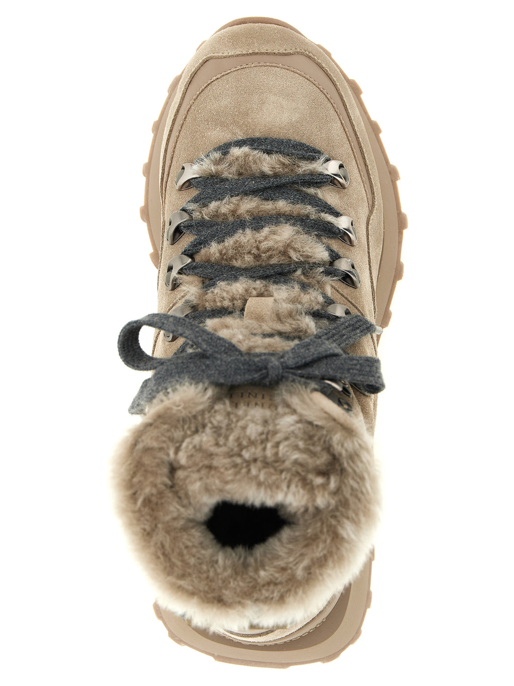 Brunello Cucinelli Beige Suede Ankle Boots – Lace-Up, Grey Felt Collar, Dark Metal D-Ring, Rubber Tank Sole, Italian