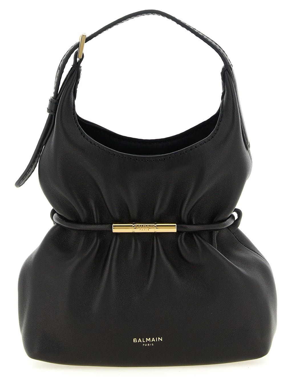 Balmain Black Lambskin Bag – Draped Silhouette, Gold Logo Zipper, Card Holder, Adjustable Strap, Italian