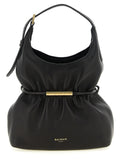 Balmain Black Lambskin Bag – Draped Silhouette, Gold Logo Zipper, Card Holder, Adjustable Strap, Italian