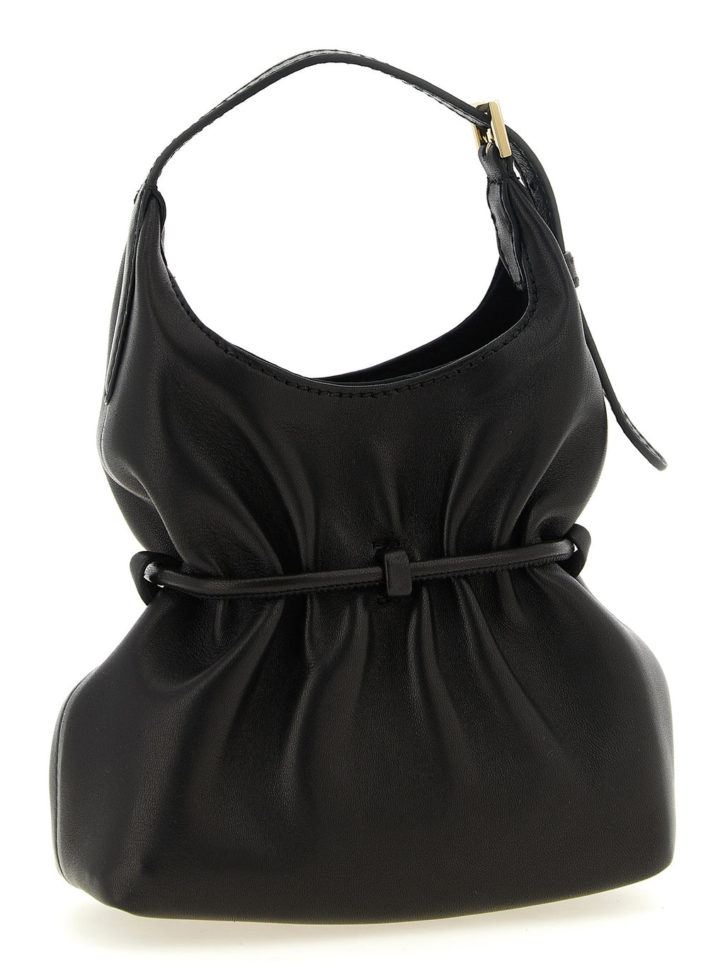Balmain Black Lambskin Bag – Draped Silhouette, Gold Logo Zipper, Card Holder, Adjustable Strap, Italian