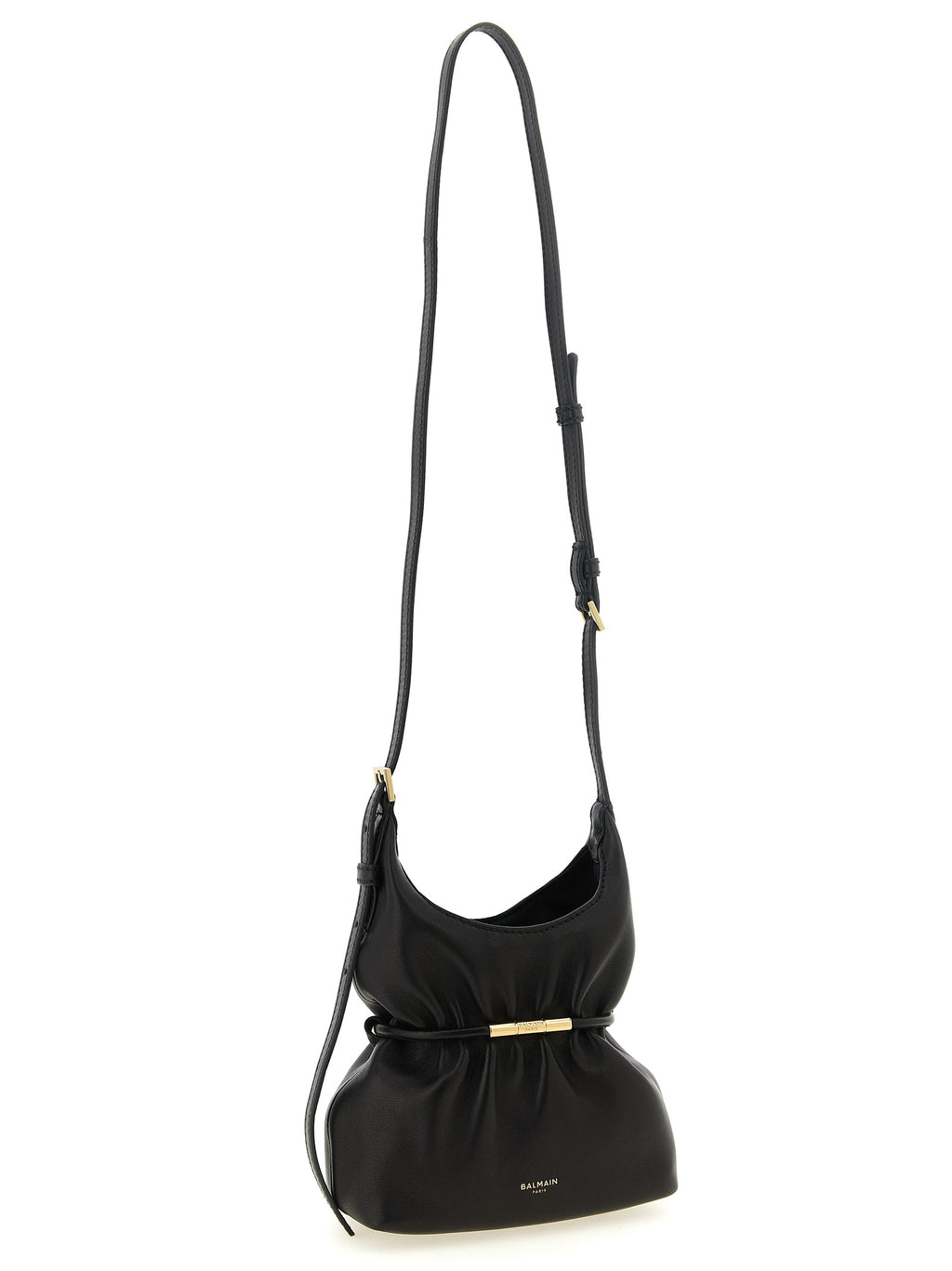 Balmain Black Lambskin Bag – Draped Silhouette, Gold Logo Zipper, Card Holder, Adjustable Strap, Italian