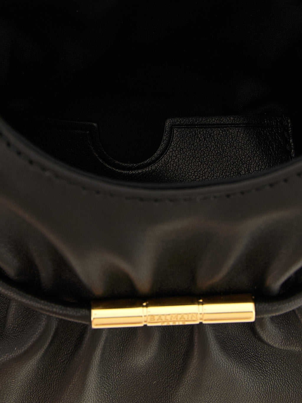 Balmain Black Lambskin Bag – Draped Silhouette, Gold Logo Zipper, Card Holder, Adjustable Strap, Italian