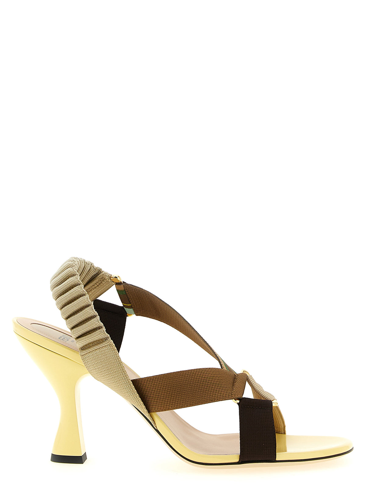 Fendi Multicolor Viscose 'Colibrì' Stiletto Sandals – Yellow Sculptural Heel, Gold Rings, Italian