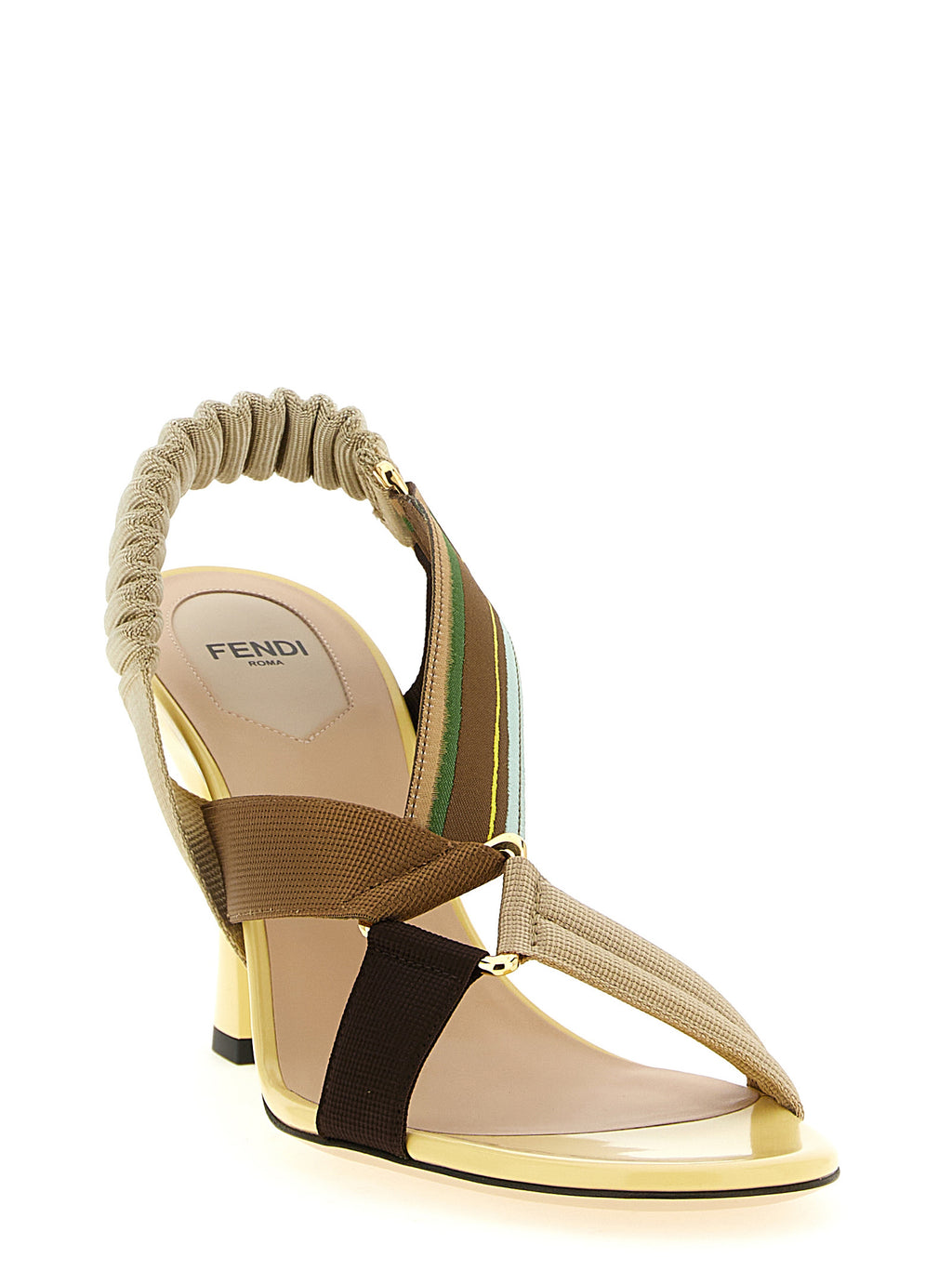 Fendi Multicolor Viscose 'Colibrì' Stiletto Sandals – Yellow Sculptural Heel, Gold Rings, Italian