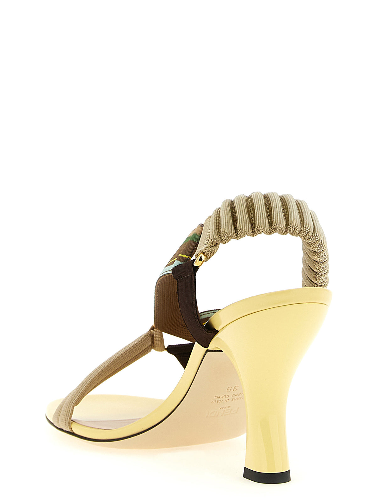 Fendi Multicolor Viscose 'Colibrì' Stiletto Sandals – Yellow Sculptural Heel, Gold Rings, Italian