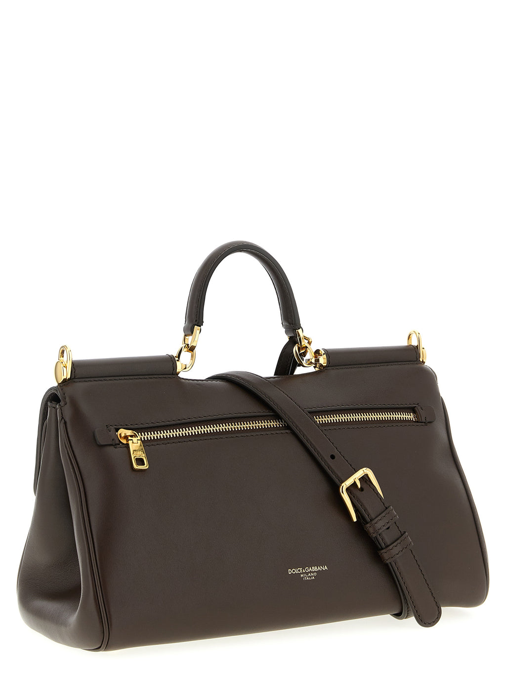 Dolce & Gabbana Brown Calfskin Bag – 'My Sicily', Plongé Leather, Engraved Logo, Back Zip Pocket, Italian