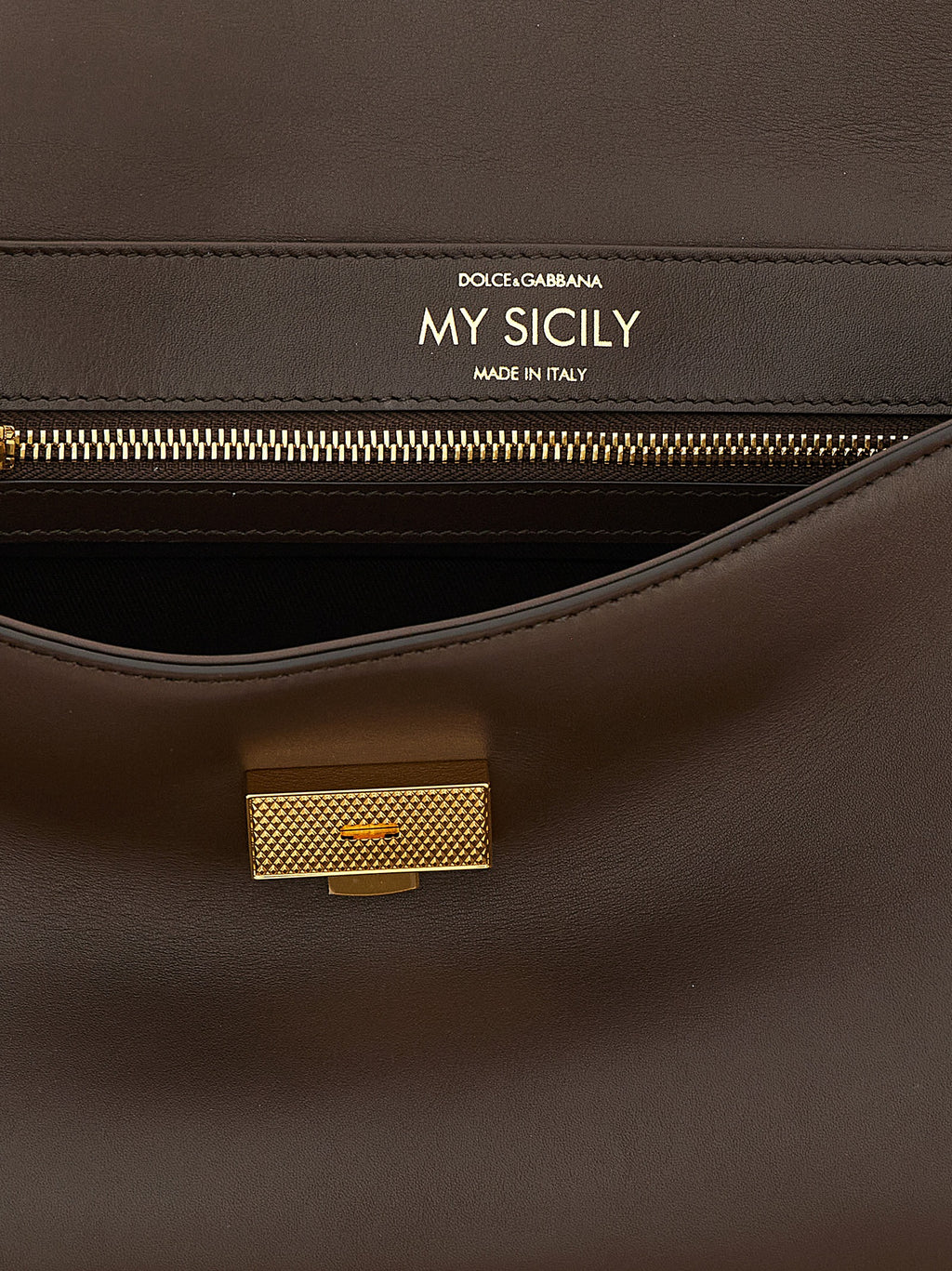 Dolce & Gabbana Brown Calfskin Bag – 'My Sicily', Plongé Leather, Engraved Logo, Back Zip Pocket, Italian