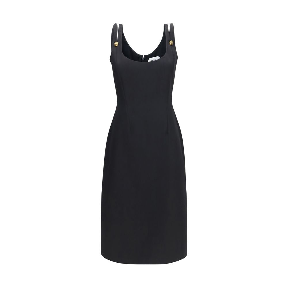 Versace Black 100% Virgin Wool Midi Cocktail Dress – Medusa Buttons, Slim Silhouette, AW26