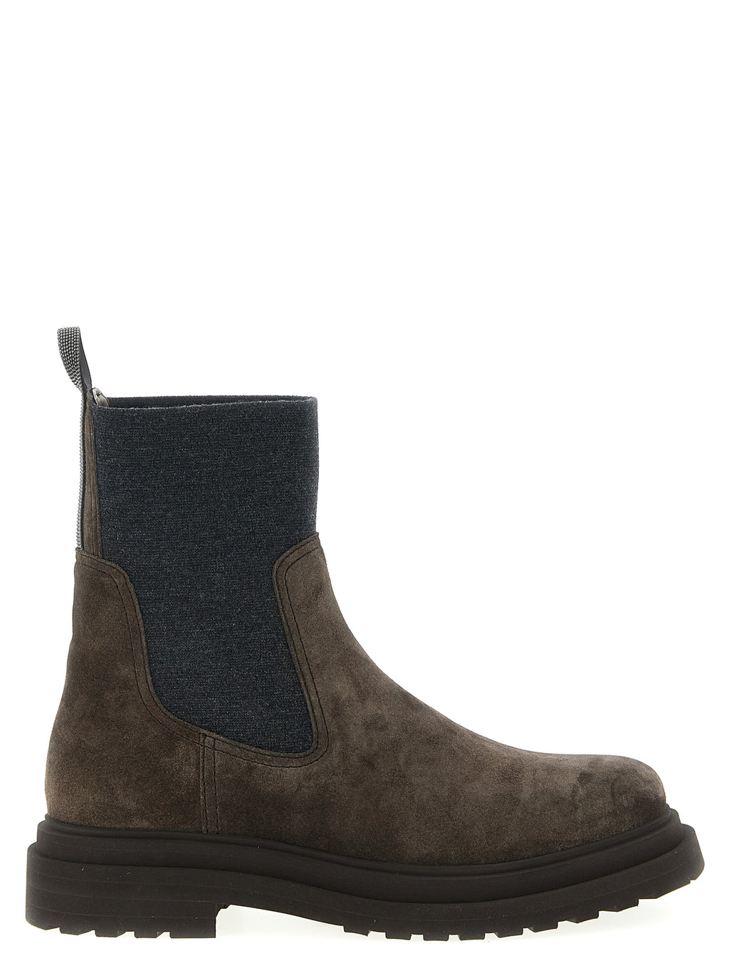 Brunello Cucinelli Brown Suede Ankle Boots - Knitted Insert, 'Precious Loop' Monile, Rubber Sole, Italian
