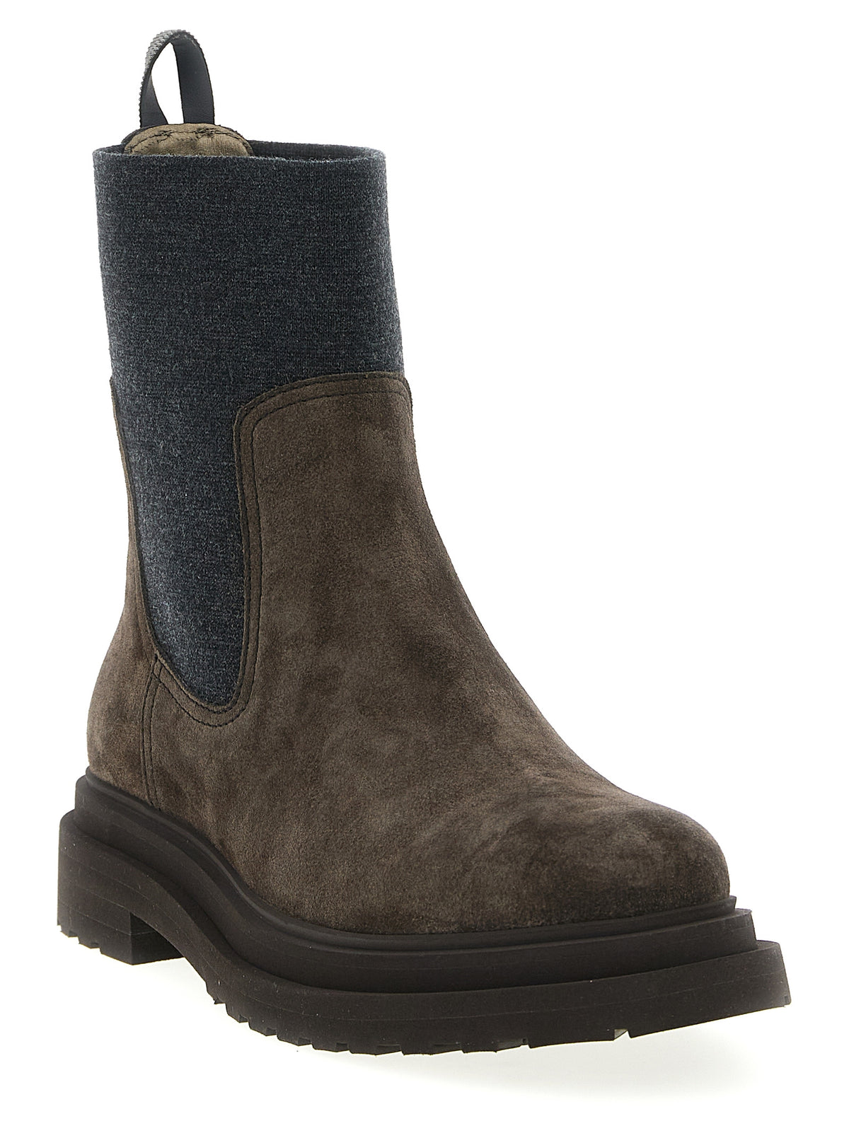 Brunello Cucinelli Brown Suede Ankle Boots - Knitted Insert, 'Precious Loop' Monile, Rubber Sole, Italian