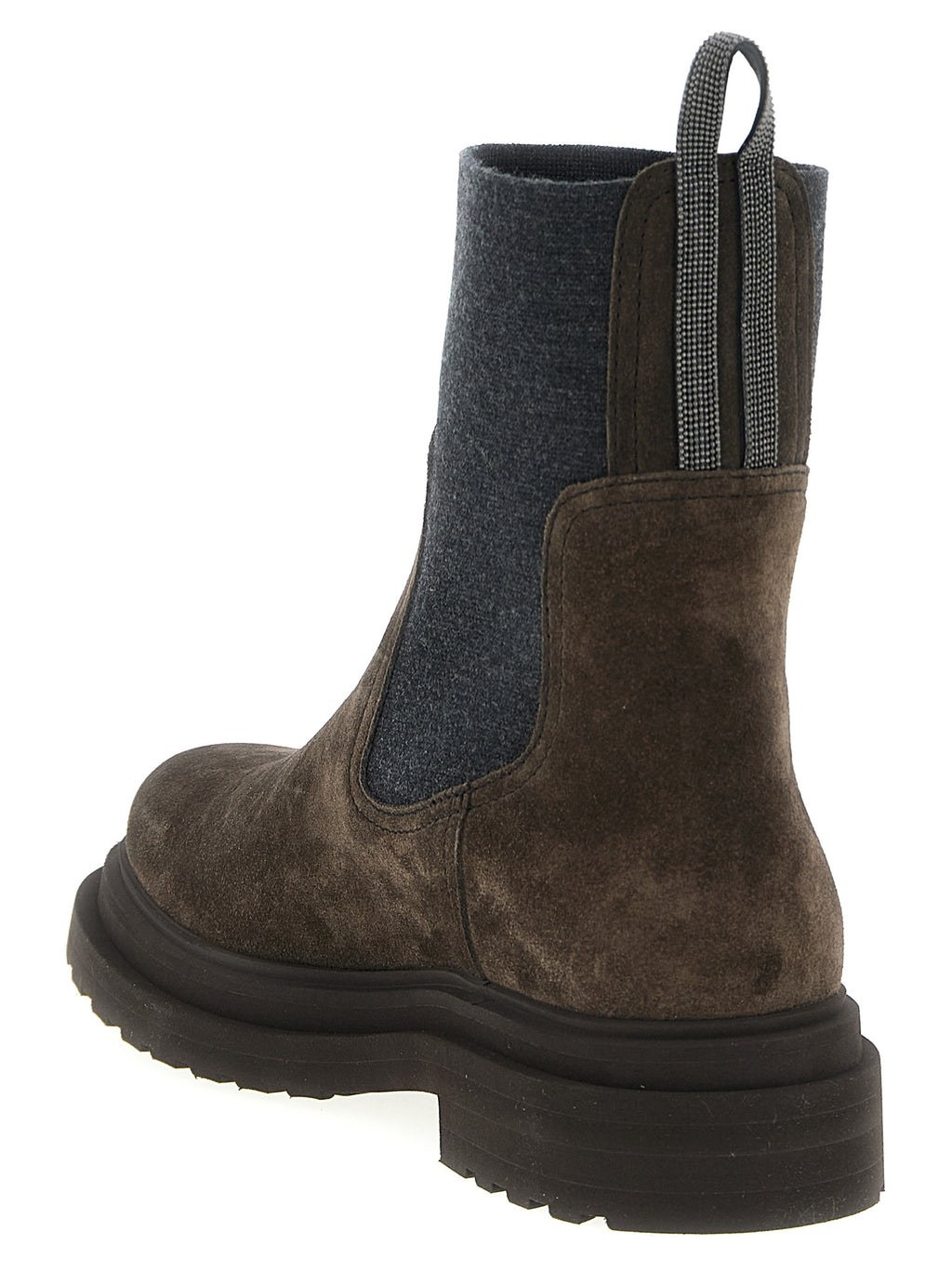 Brunello Cucinelli Brown Suede Ankle Boots - Knitted Insert, 'Precious Loop' Monile, Rubber Sole, Italian