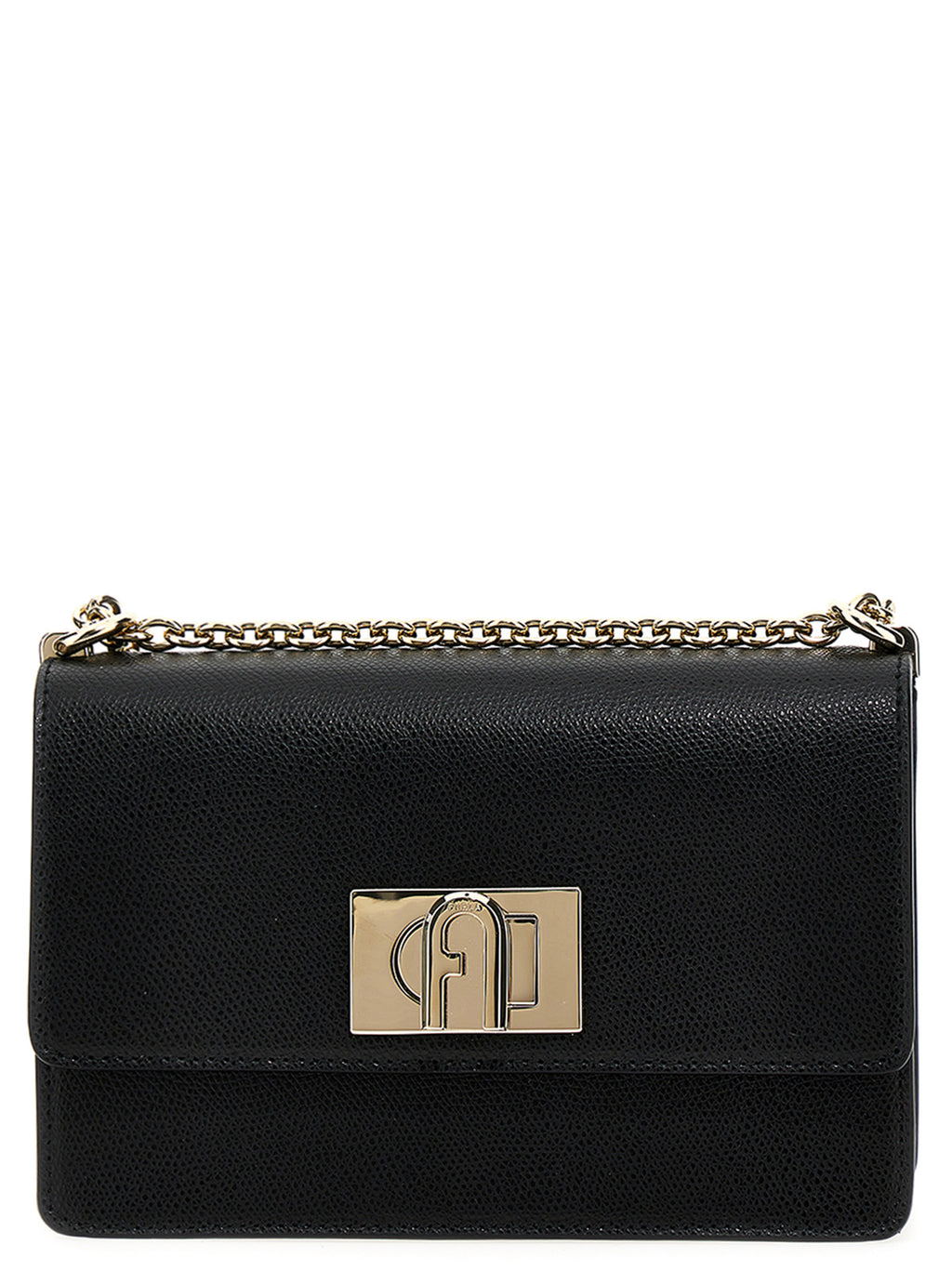 Furla Black Textured Leather Mini Crossbody Bag – '1927', Arco Logo, Chain Strap, Flap Closure, Bulgaria