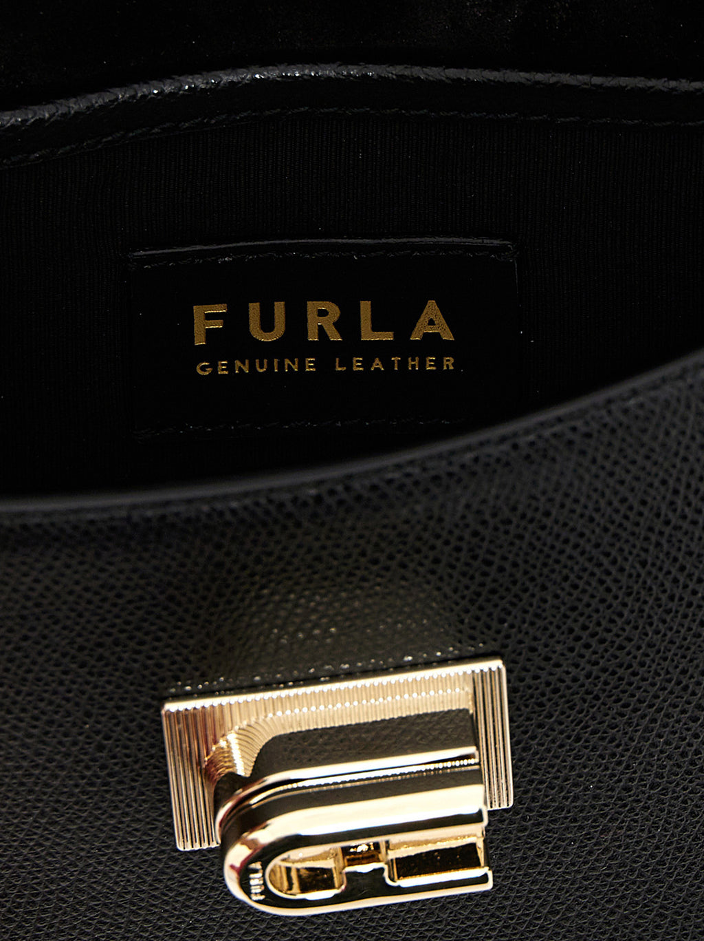 Furla Black Textured Leather Mini Crossbody Bag – '1927', Arco Logo, Chain Strap, Flap Closure, Bulgaria