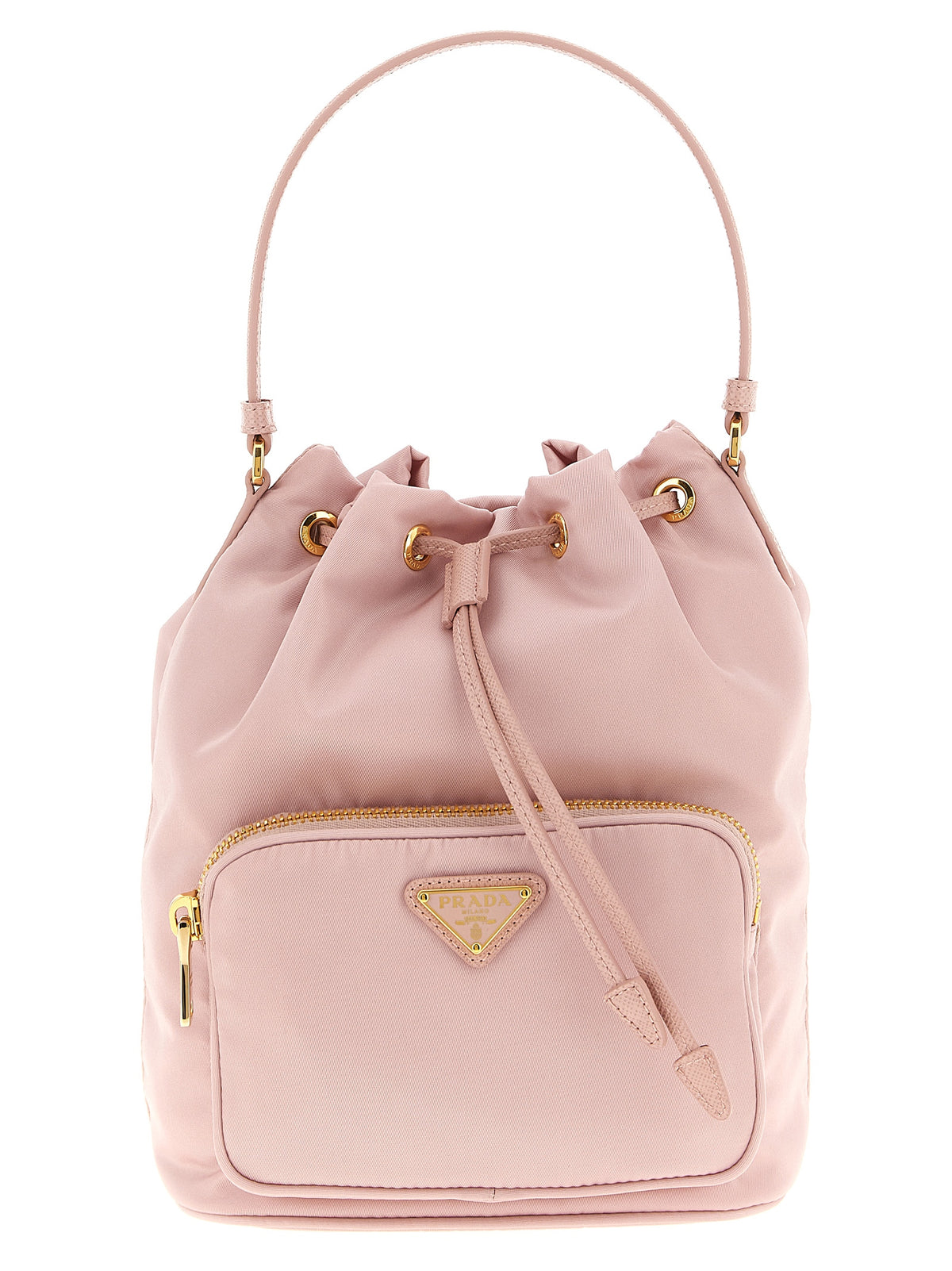 Prada Multicolor Re-Nylon + Saffiano Bucket Bag - 'Duet', Triangle Logo, Drawstring Closure, Sustainable, Italian