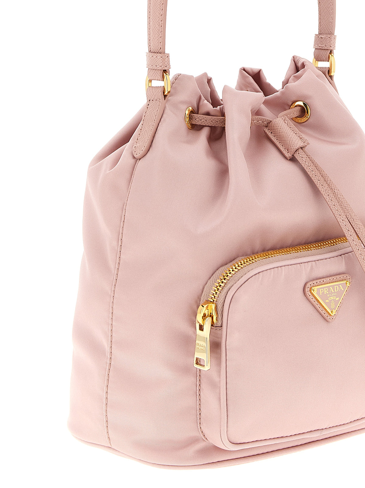 Prada Multicolor Re-Nylon + Saffiano Bucket Bag - 'Duet', Triangle Logo, Drawstring Closure, Sustainable, Italian