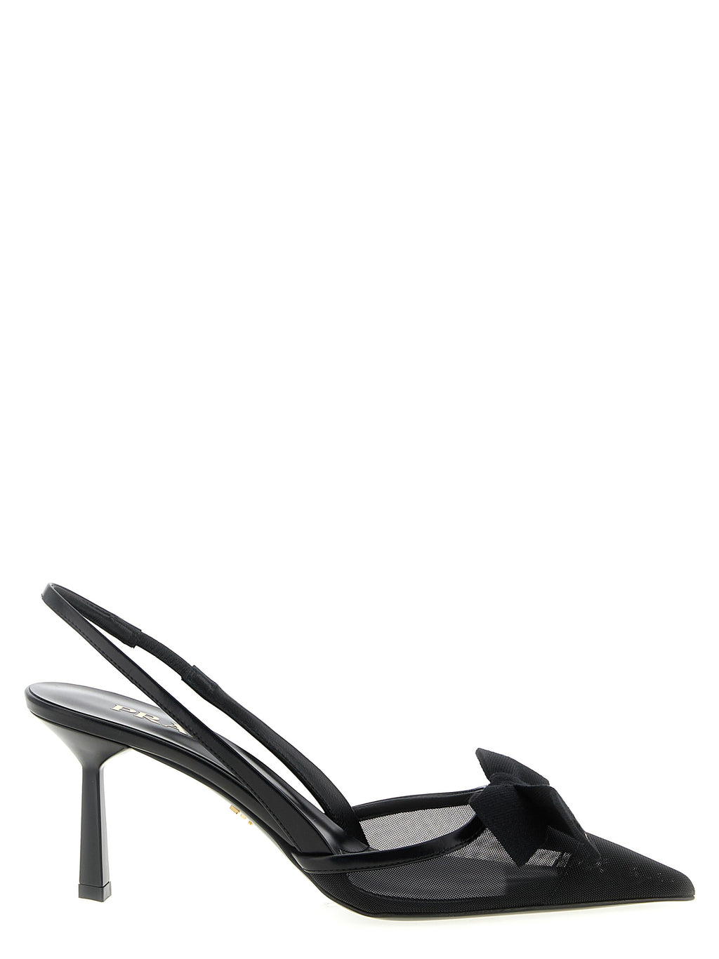 Prada Black Polyamide Mesh Slingback Mid-Heel Pumps - Bow, Metal Logo, Italian