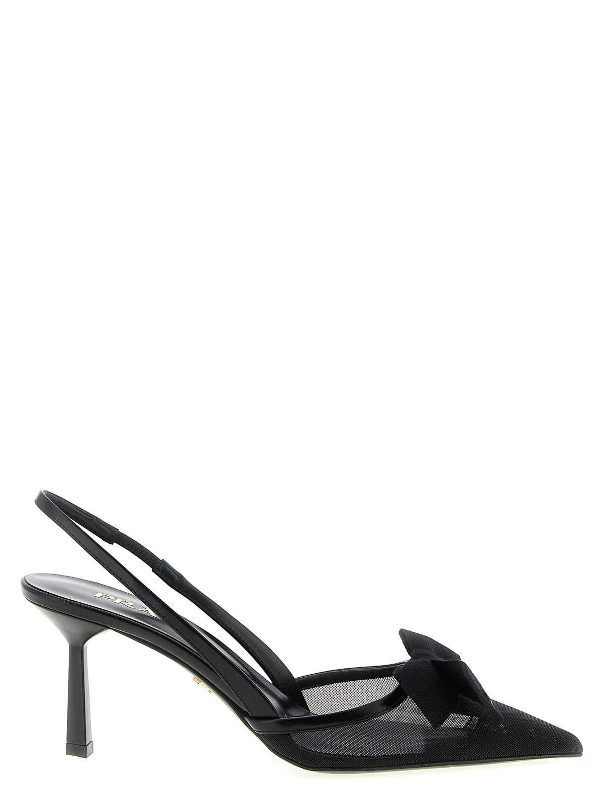 Prada Black Polyamide Mesh Slingback Mid-Heel Pumps - Bow, Metal Logo, Italian