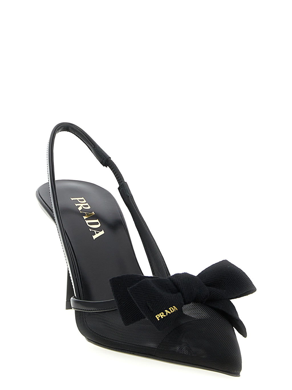 Prada Black Polyamide Mesh Slingback Mid-Heel Pumps - Bow, Metal Logo, Italian