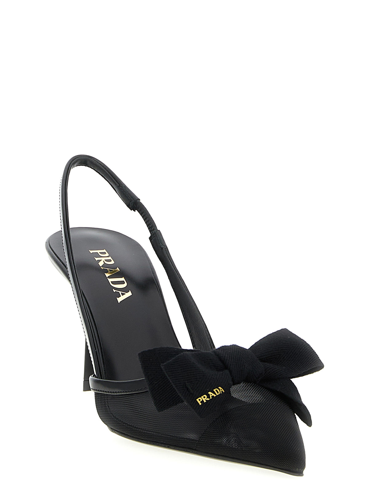 Prada Black Polyamide Mesh Slingback Mid-Heel Pumps - Bow, Metal Logo, Italian