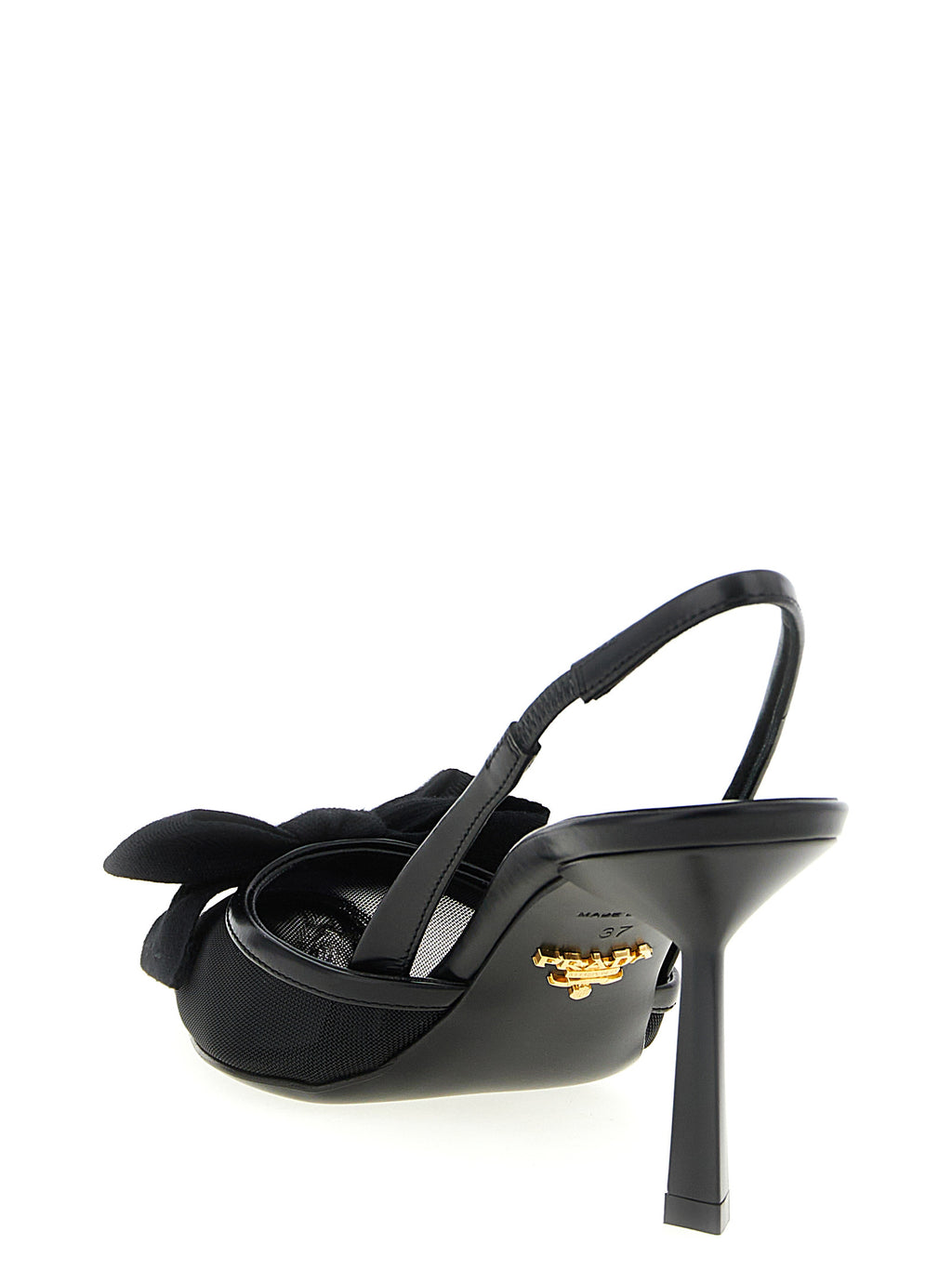 Prada Black Polyamide Mesh Slingback Mid-Heel Pumps - Bow, Metal Logo, Italian