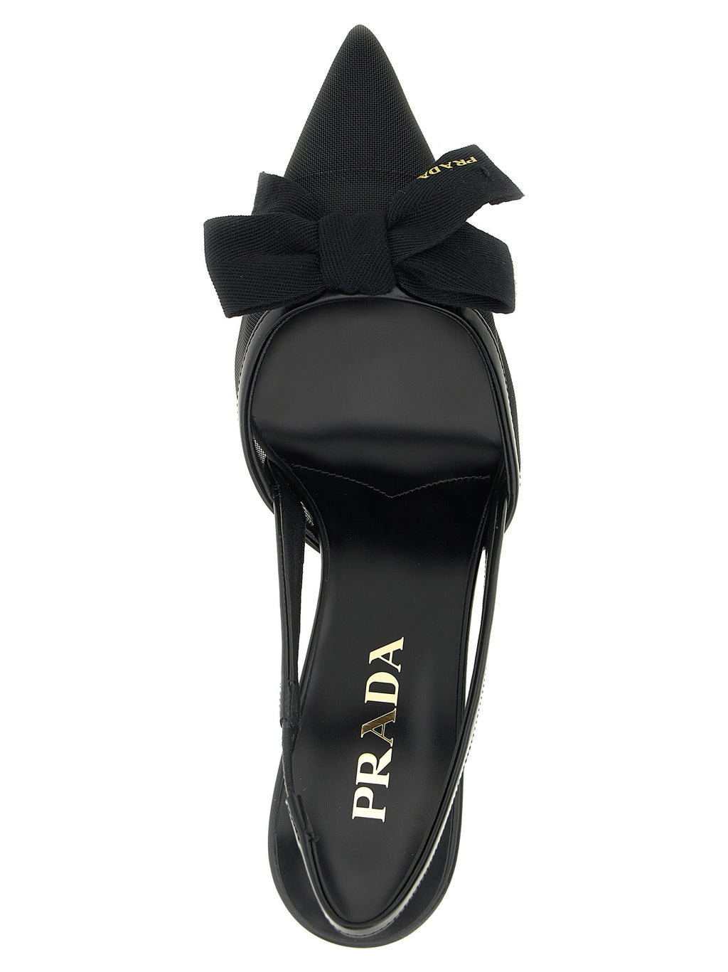 Prada Black Polyamide Mesh Slingback Mid-Heel Pumps - Bow, Metal Logo, Italian