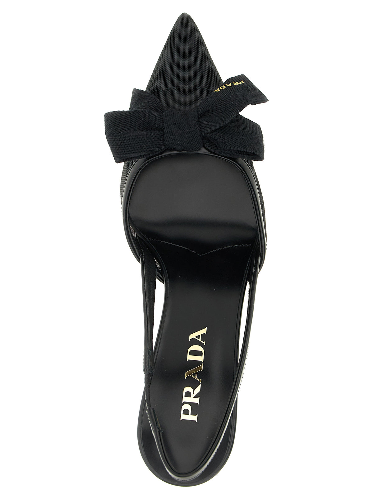 Prada Black Polyamide Mesh Slingback Mid-Heel Pumps - Bow, Metal Logo, Italian