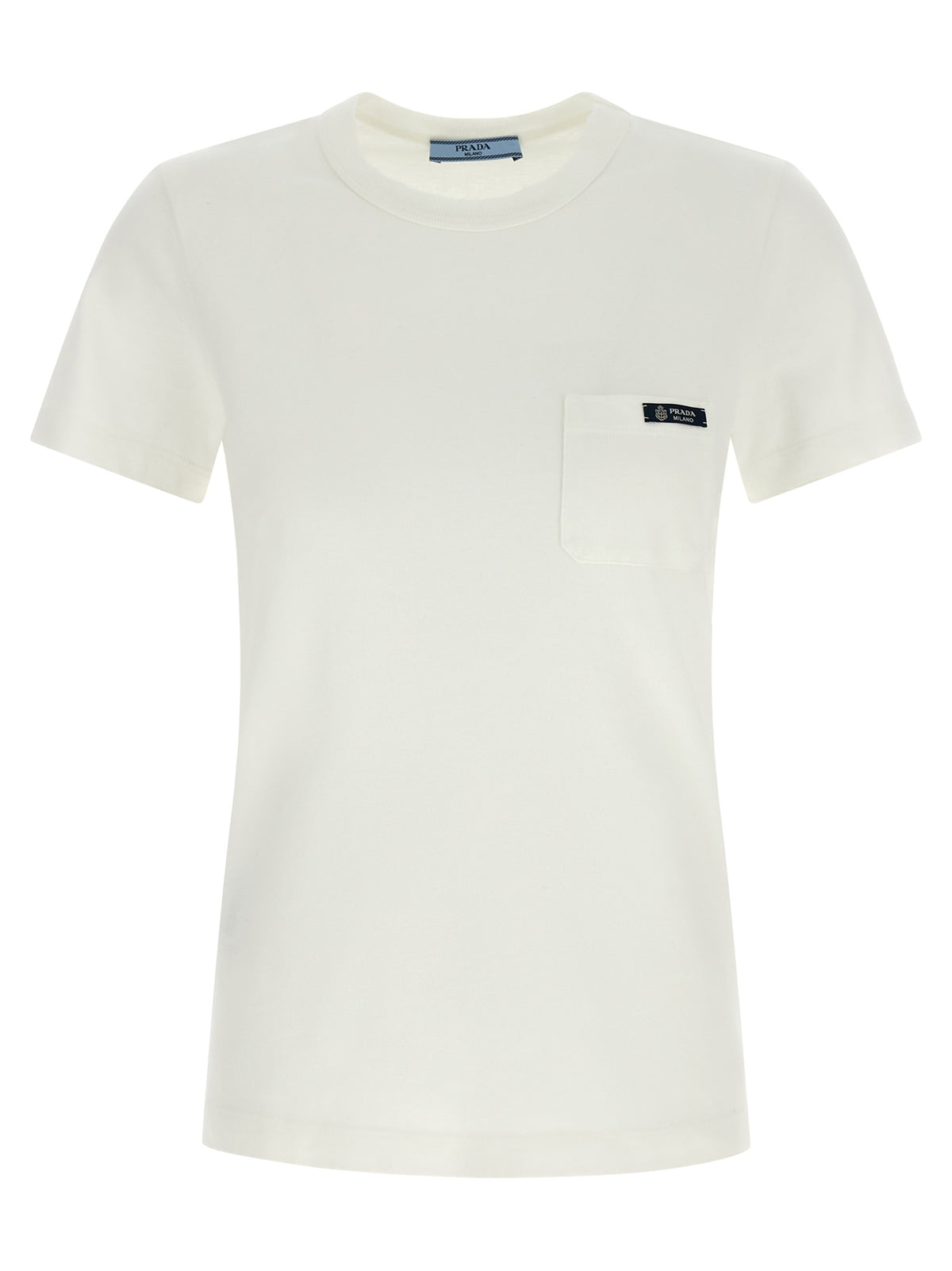 Prada White 100% Cotton T-Shirt – Used Effect, Logo Patch Pocket, Crew Neck, Short Sleeve, Italian