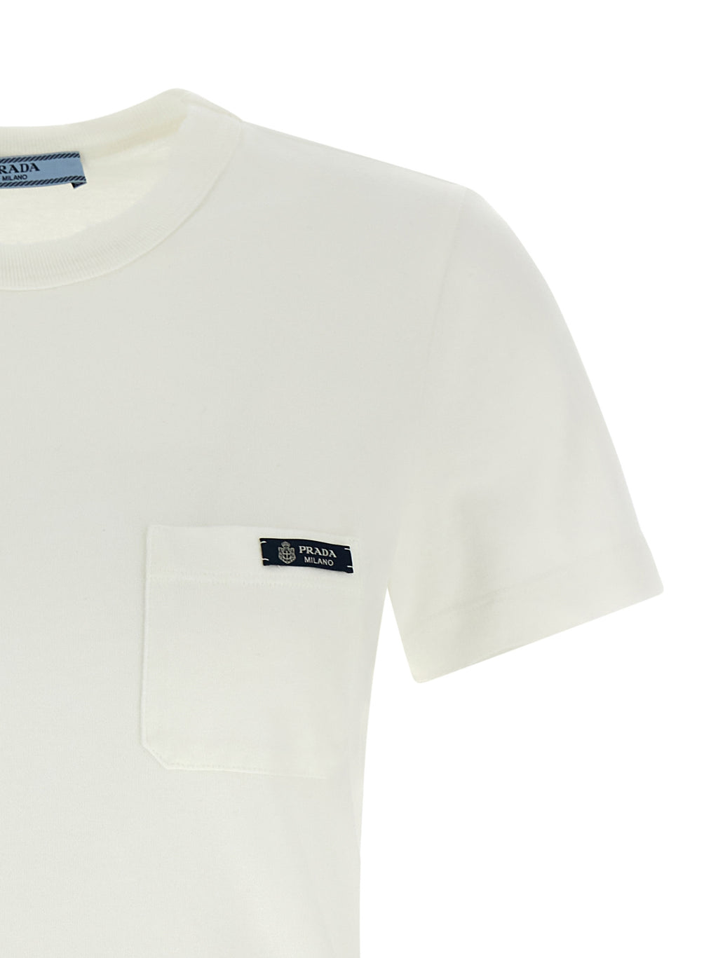 Prada White 100% Cotton T-Shirt – Used Effect, Logo Patch Pocket, Crew Neck, Short Sleeve, Italian