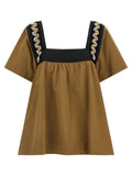 Prada Beige 100% Cotton Gabardine Blouse – Geometric Neckline, Crystal Embellishments, Hand Embroidery, Italian