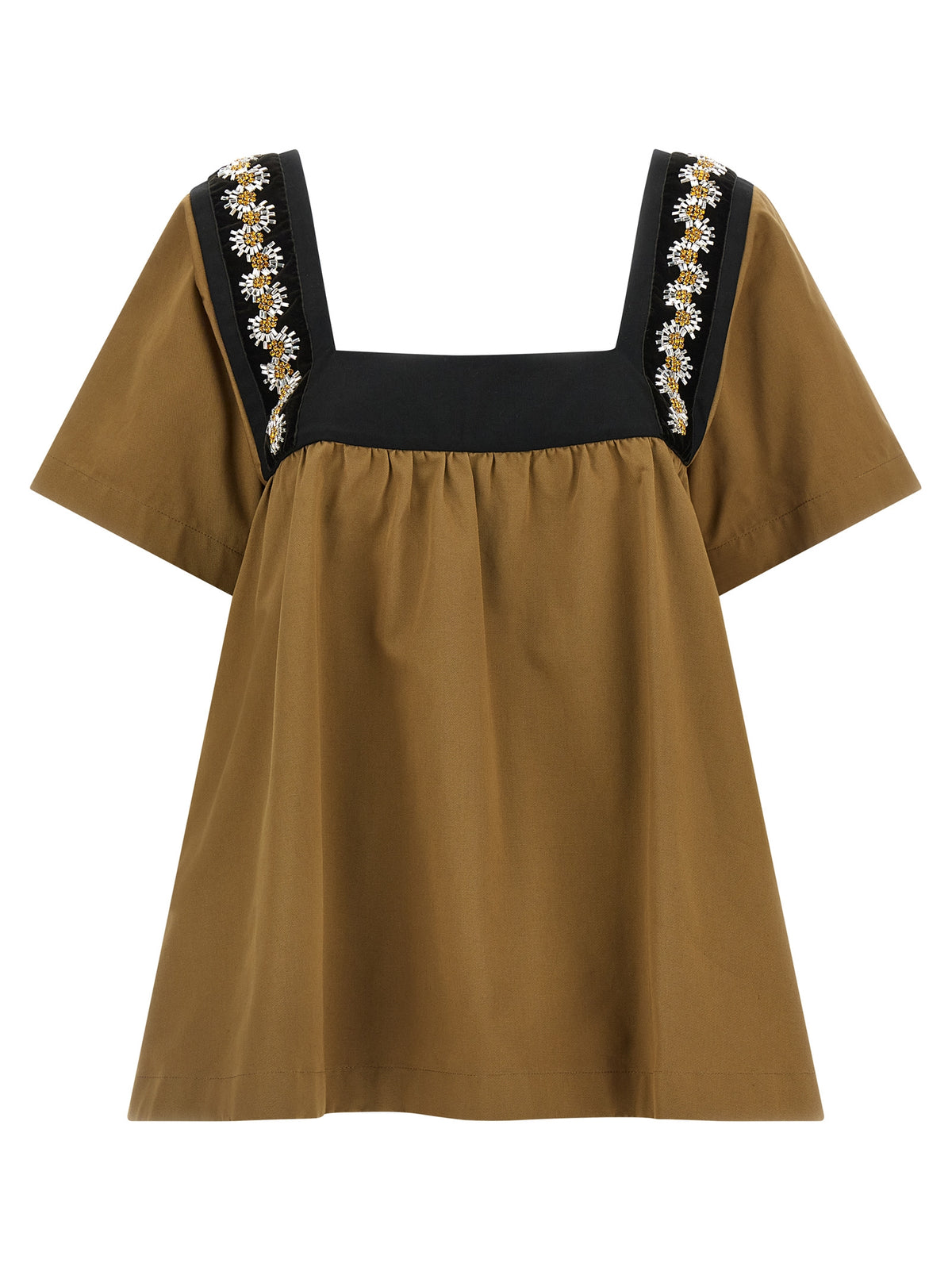 Prada Beige 100% Cotton Gabardine Blouse – Geometric Neckline, Crystal Embellishments, Hand Embroidery, Italian