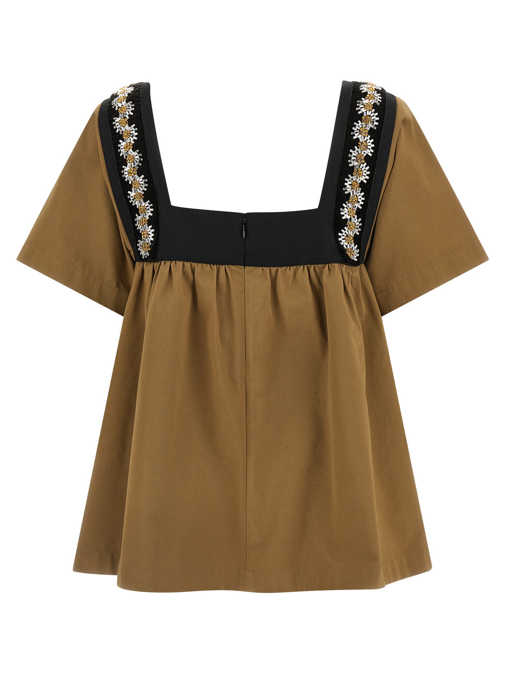 Prada Beige 100% Cotton Gabardine Blouse – Geometric Neckline, Crystal Embellishments, Hand Embroidery, Italian