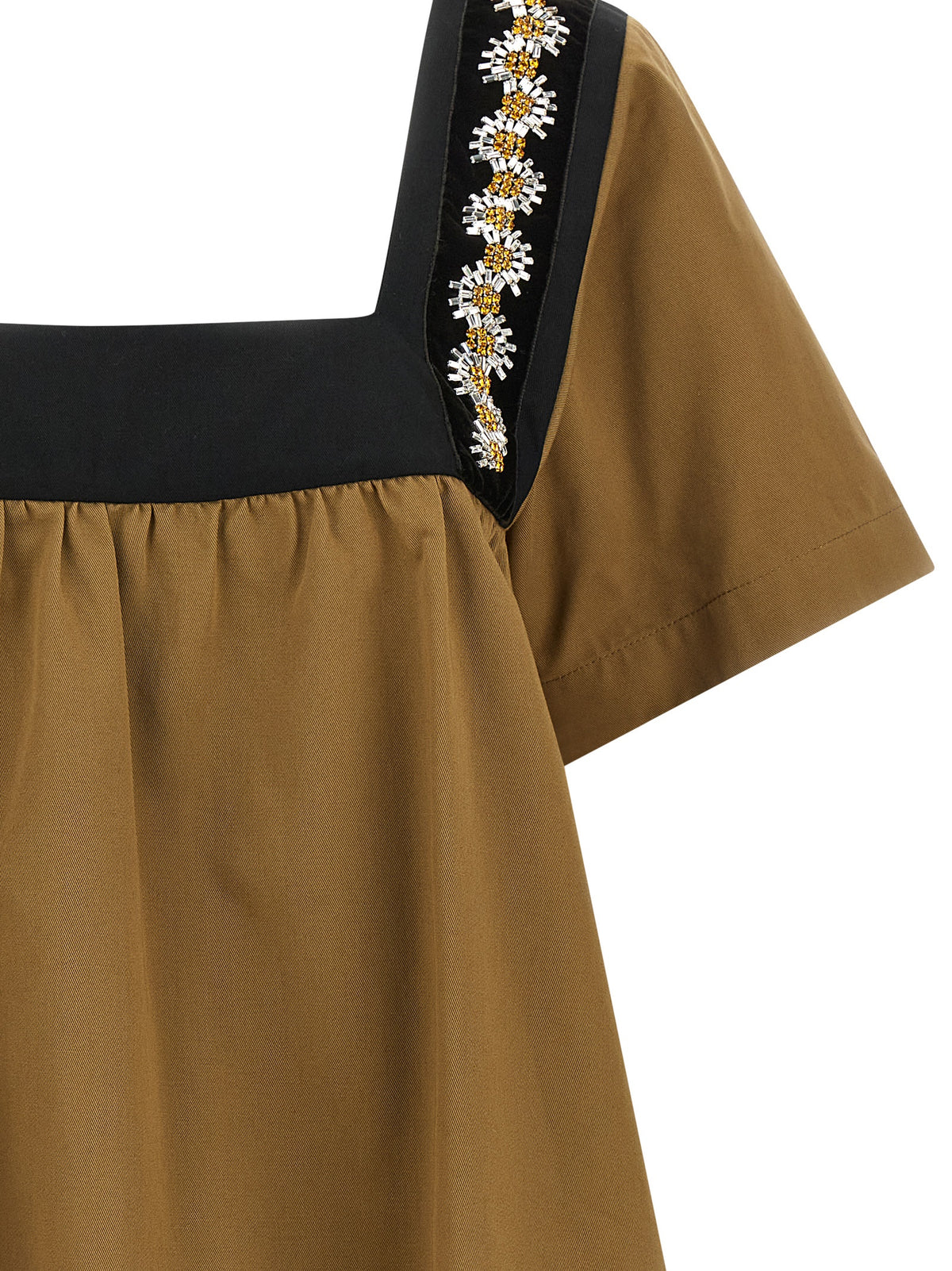 Prada Beige 100% Cotton Gabardine Blouse – Geometric Neckline, Crystal Embellishments, Hand Embroidery, Italian