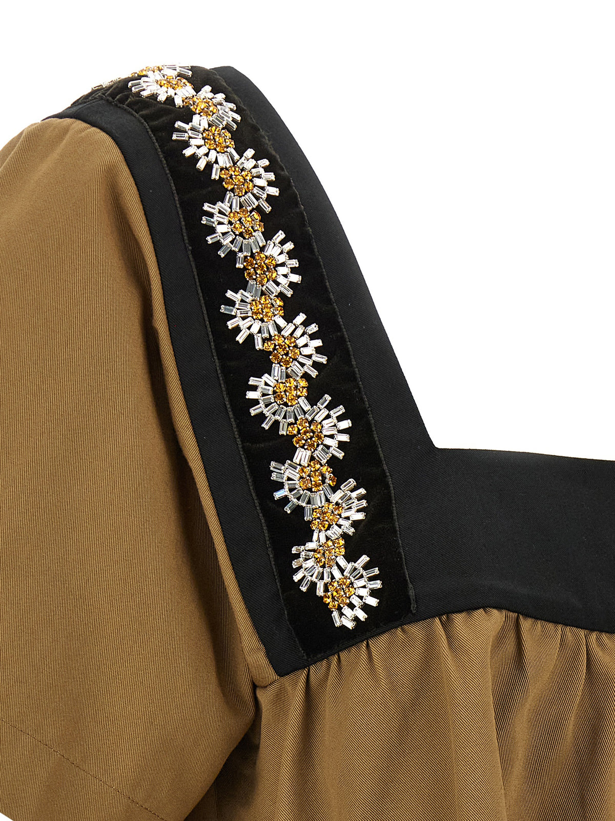 Prada Beige 100% Cotton Gabardine Blouse – Geometric Neckline, Crystal Embellishments, Hand Embroidery, Italian
