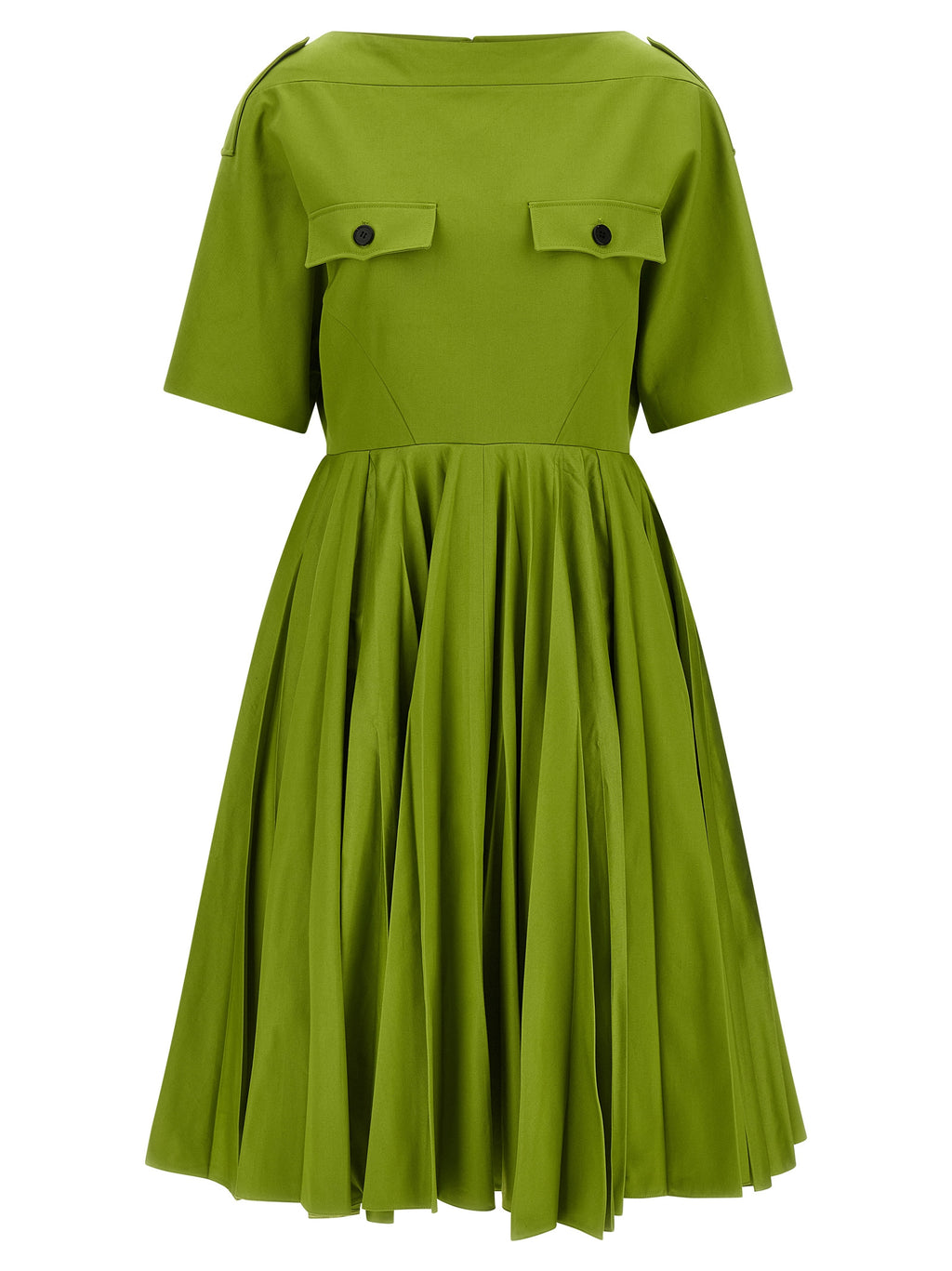 Prada Two-Tone Cotton Chino Dress – Green, Boat Neck, Pleated Skirt, Zipper, Italian