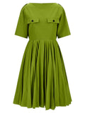 Prada Two-Tone Cotton Chino Dress – Green, Boat Neck, Pleated Skirt, Zipper, Italian