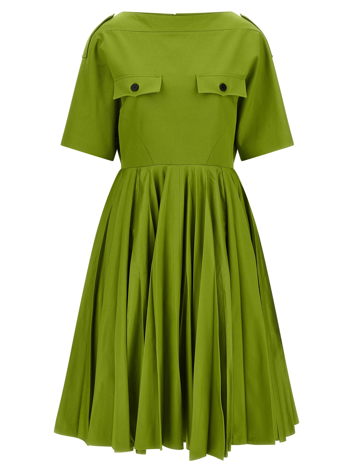 Prada Two-Tone Cotton Chino Dress – Green, Boat Neck, Pleated Skirt, Zipper, Italian