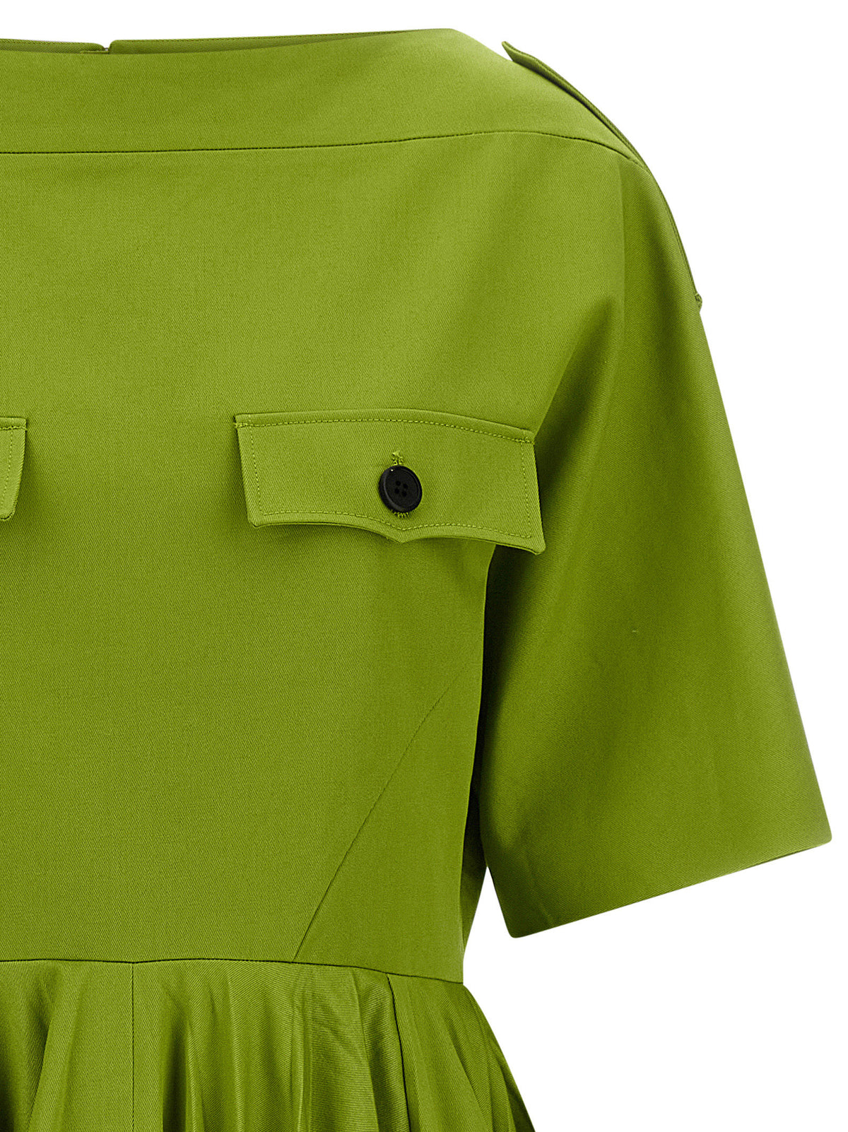 Prada Two-Tone Cotton Chino Dress – Green, Boat Neck, Pleated Skirt, Zipper, Italian