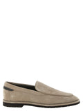 Brunello Cucinelli Beige Calfskin Suede Loafers - 'Monile' Heel Insert, Apron Stitching, Leather-Rubber Sole, Italian
