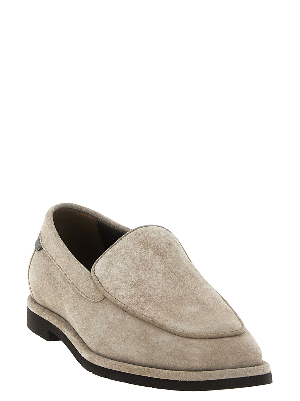 Brunello Cucinelli Beige Calfskin Suede Loafers - 'Monile' Heel Insert, Apron Stitching, Leather-Rubber Sole, Italian