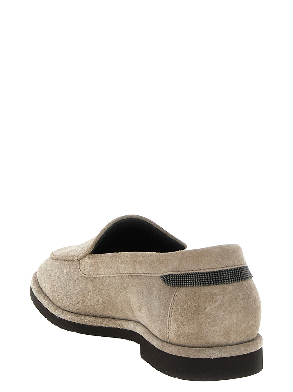 Brunello Cucinelli Beige Calfskin Suede Loafers - 'Monile' Heel Insert, Apron Stitching, Leather-Rubber Sole, Italian