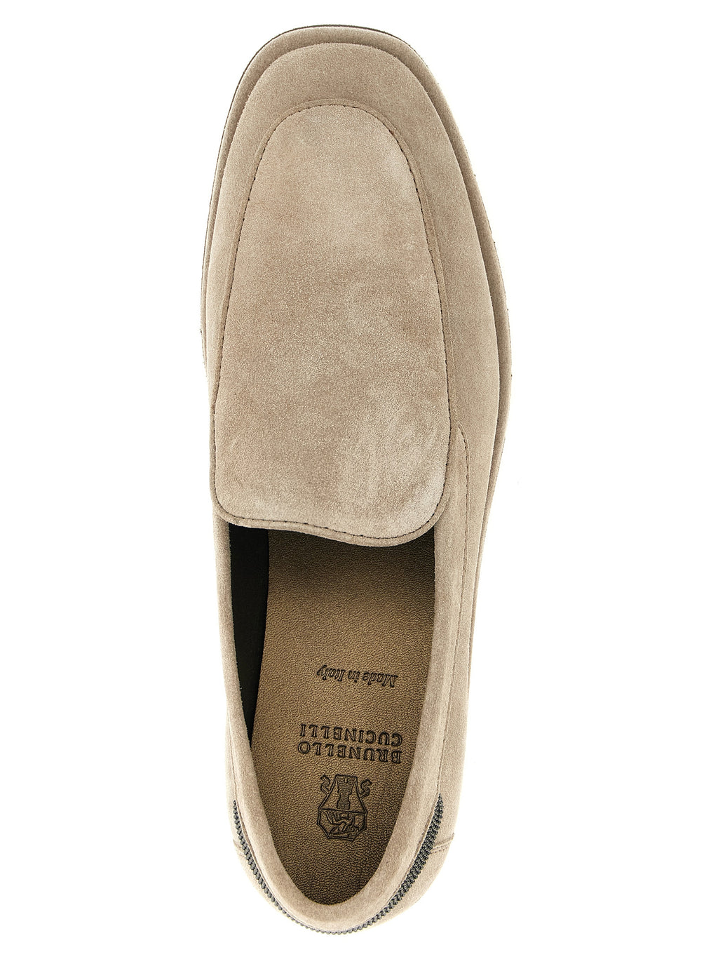 Brunello Cucinelli Beige Calfskin Suede Loafers - 'Monile' Heel Insert, Apron Stitching, Leather-Rubber Sole, Italian