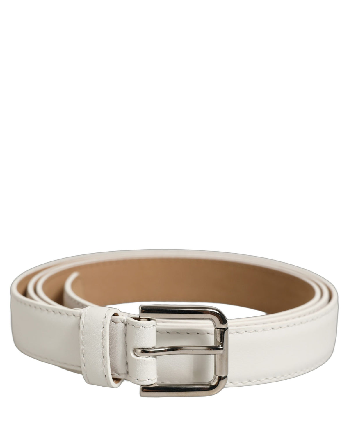 Dolce & Gabbana White Leather Belt – Silver Metal Buckle, 2 cm, Logo, L/90 cm, Italian