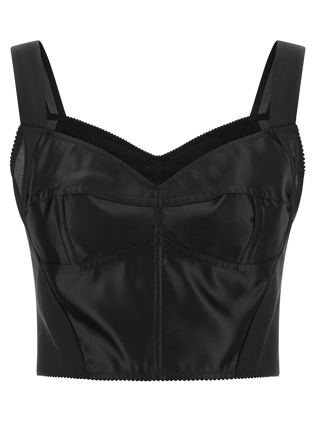 Dolce & Gabbana Black 60% Polyamide Satin Bustier Top – Sweetheart Neckline, Picot Edge, Silver Zip, Italian