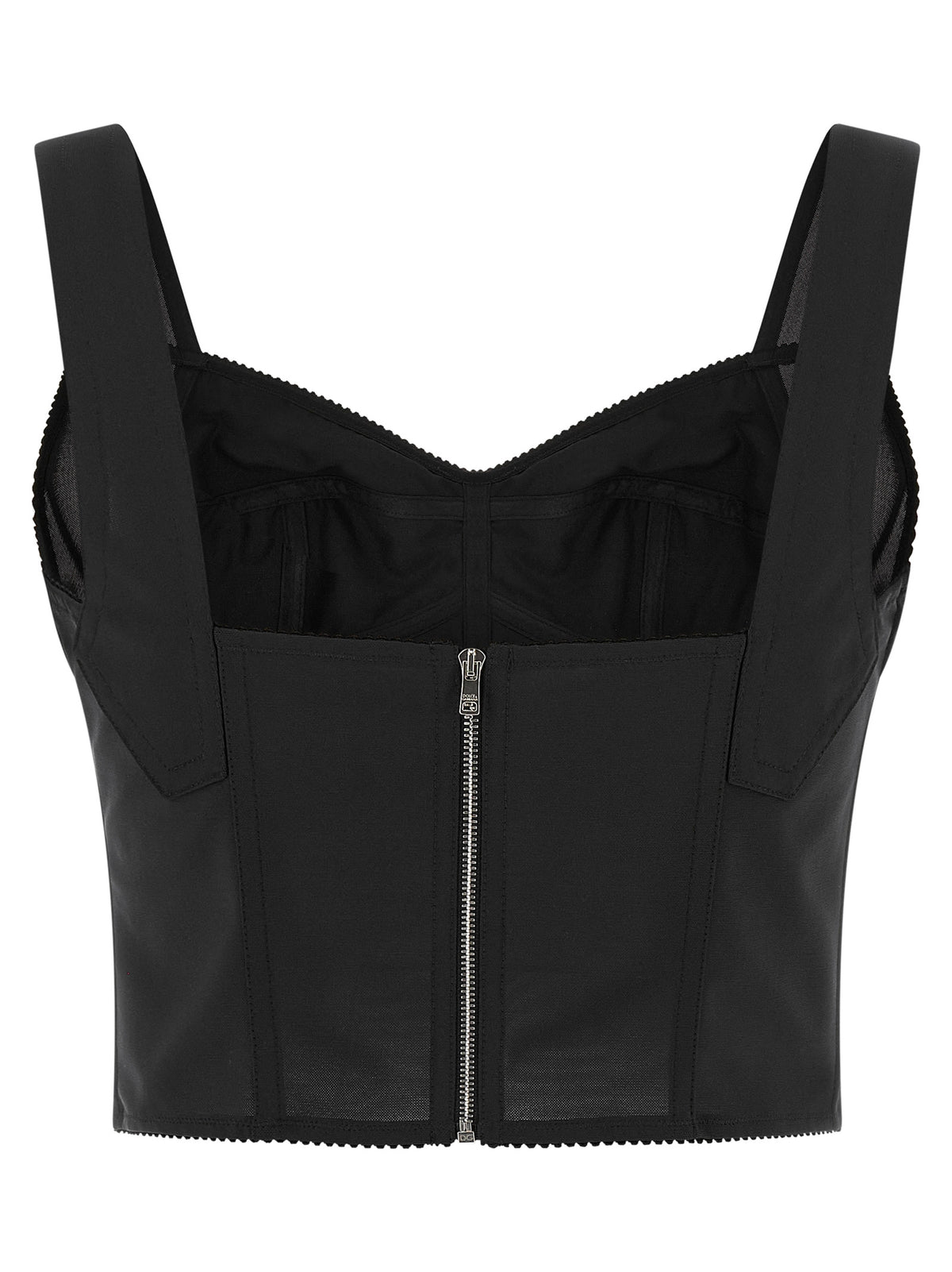 Dolce & Gabbana Black 60% Polyamide Satin Bustier Top – Sweetheart Neckline, Picot Edge, Silver Zip, Italian