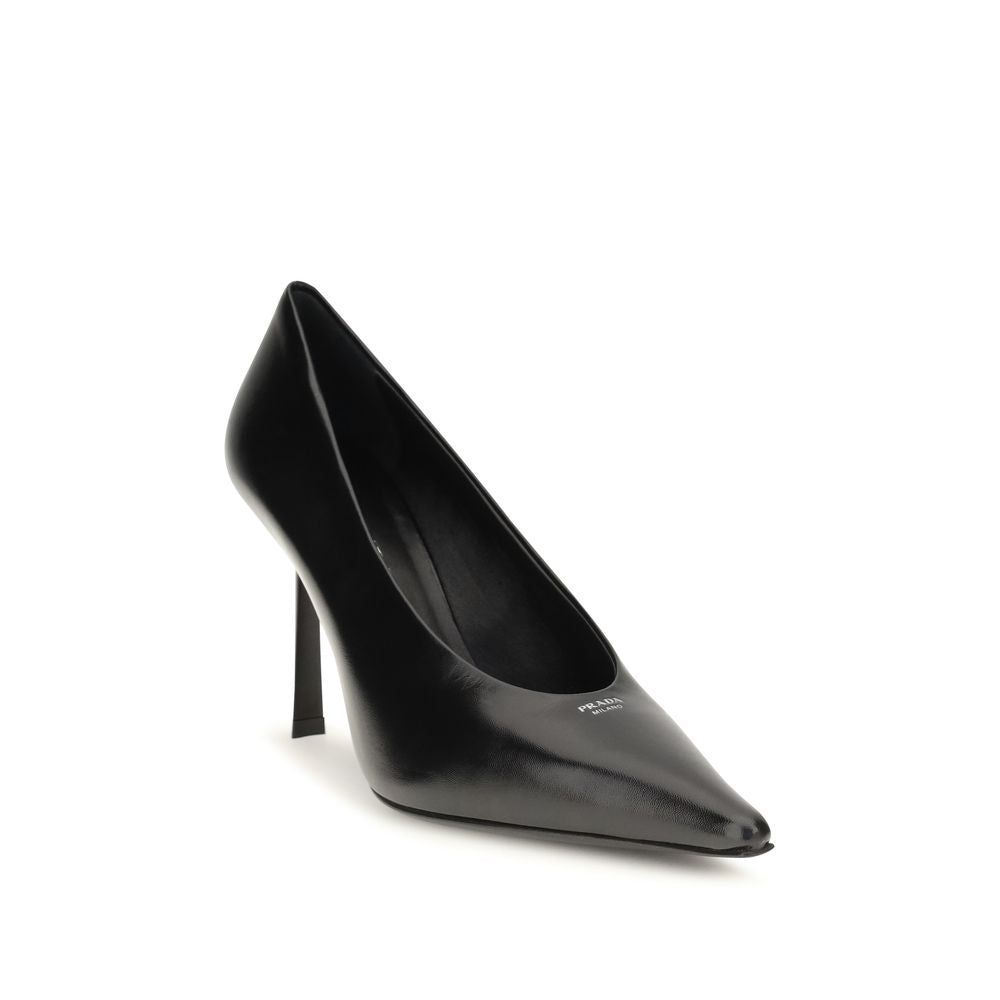 Prada Black Goatskin High-Heel Pumps – Embossed Logo, Leather Sole, AW26, Italian