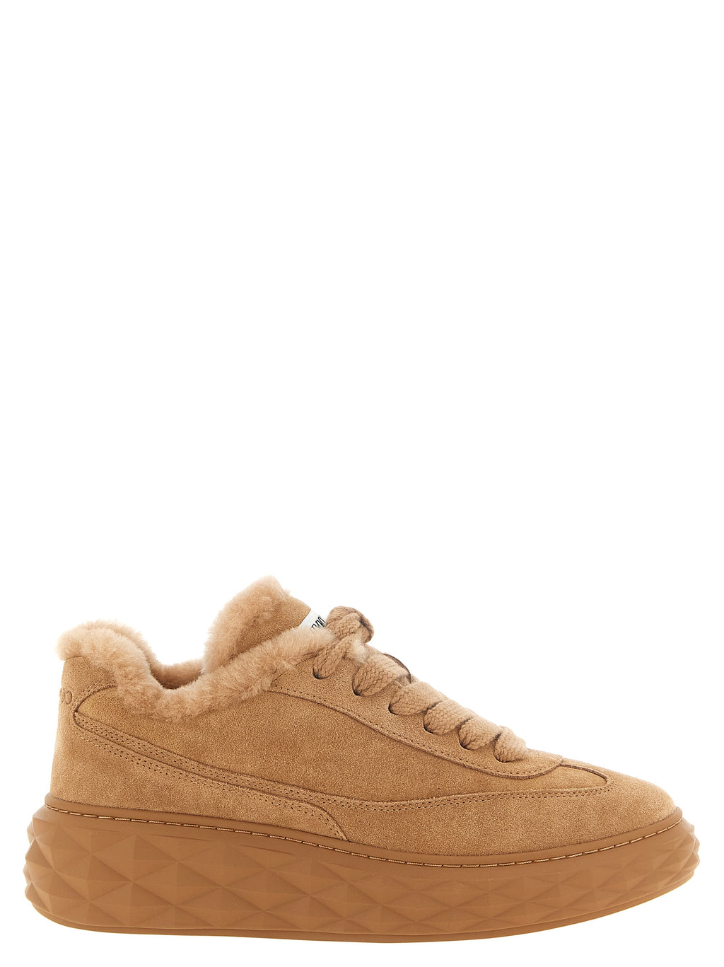 Jimmy Choo Beige Shearling 'Diamond Maxi Retro' Chunky Sneakers – Fuzzy Trim, Diamond Sole, Vietnam