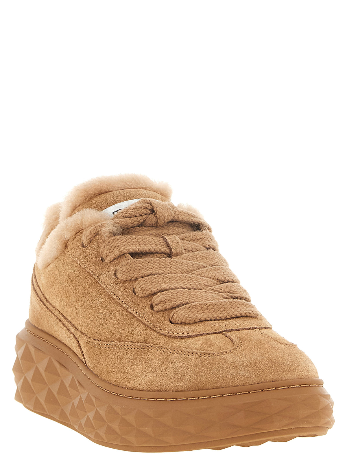 Jimmy Choo Beige Shearling 'Diamond Maxi Retro' Chunky Sneakers – Fuzzy Trim, Diamond Sole, Vietnam
