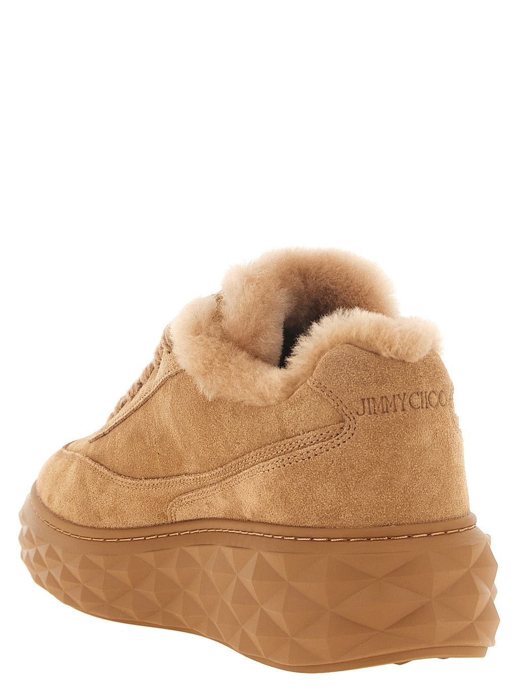 Jimmy Choo Beige Shearling 'Diamond Maxi Retro' Chunky Sneakers – Fuzzy Trim, Diamond Sole, Vietnam