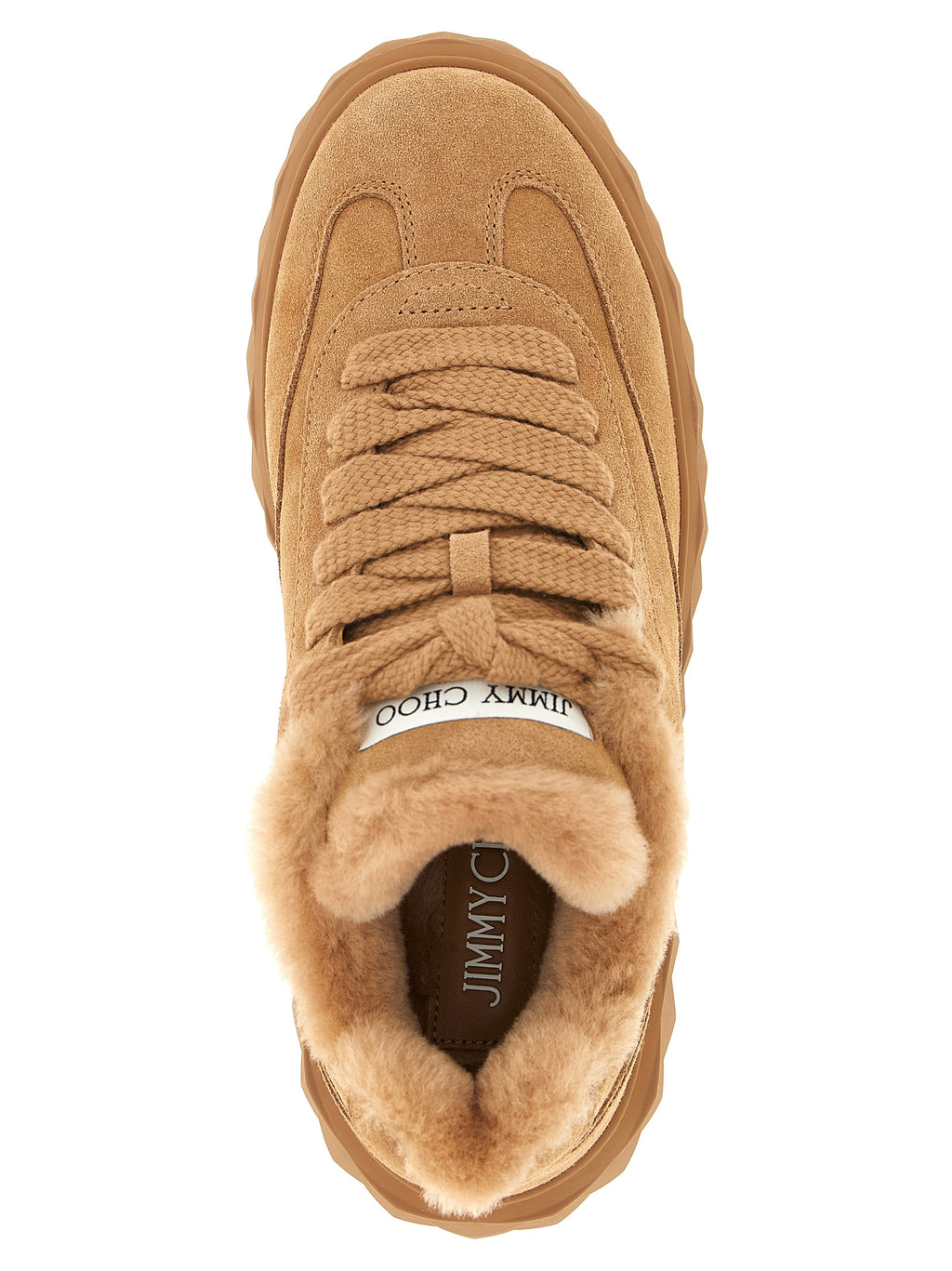 Jimmy Choo Beige Shearling 'Diamond Maxi Retro' Chunky Sneakers – Fuzzy Trim, Diamond Sole, Vietnam
